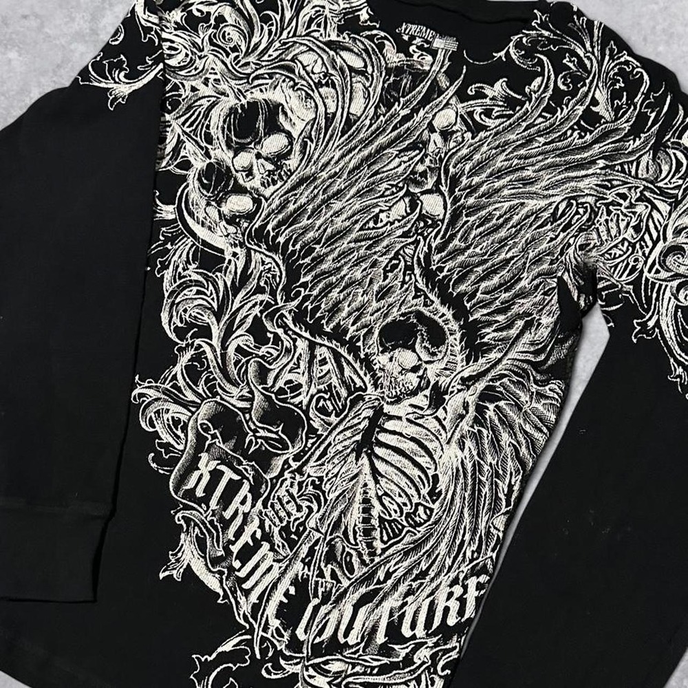 Y2K Xtreme Couture Skeletons Grunge All Over Print Thermal Long Sleeve - Size XL
